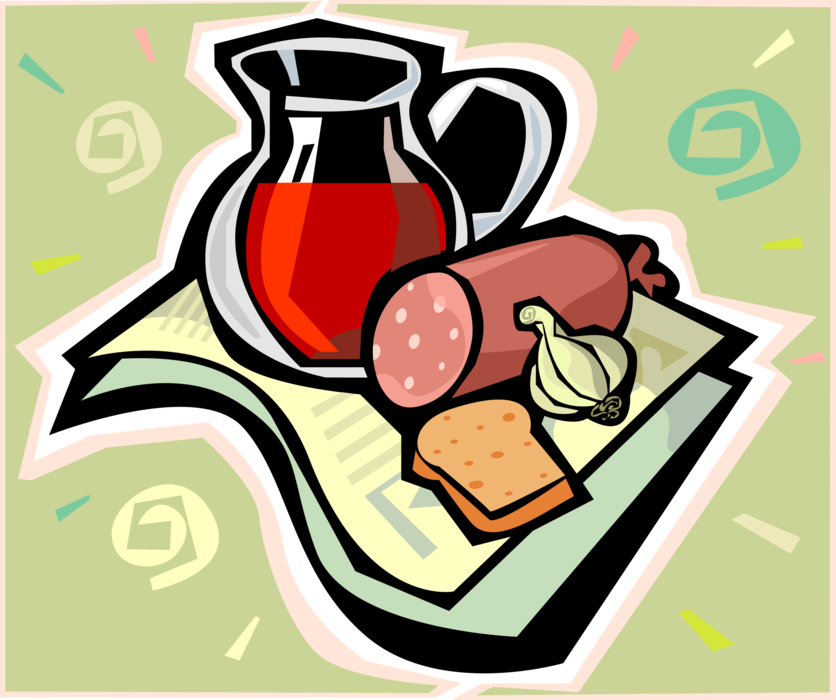 Vector Illustration of Salami Cured Sausage Air-Dried Meat with Bread, Garlic and Juice in Pitcher