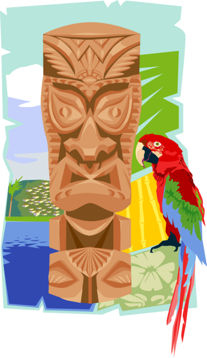 Vector Illustration of Hawaiian Māori Mythology Carved Wooden Tiki with Parrot Macaw Bird