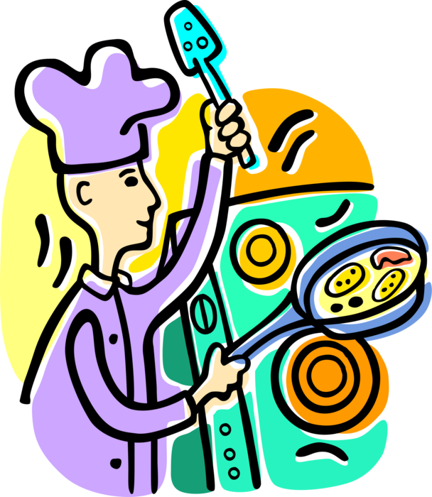 Vector Illustration of Restaurant Chef Cooks Food Meal in Pan on Stove