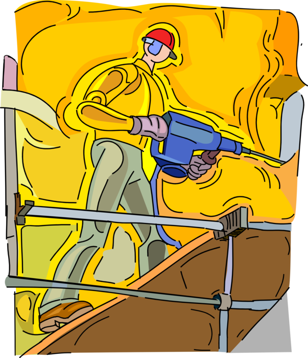 Vector Illustration of Construction Worker on Scaffold Drilling with Drill