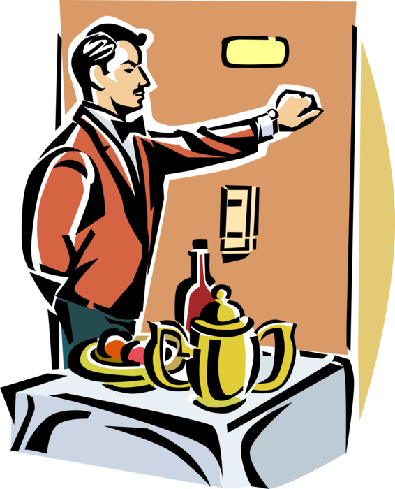 Vector Illustration of Hospitality Industry Hotel Room Service Waiter Delivers Tray of Food and Knocks on Guest Room Door