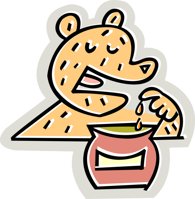 Vector Illustration of Hungry Bear Eats Sweet Honey from Honeypot