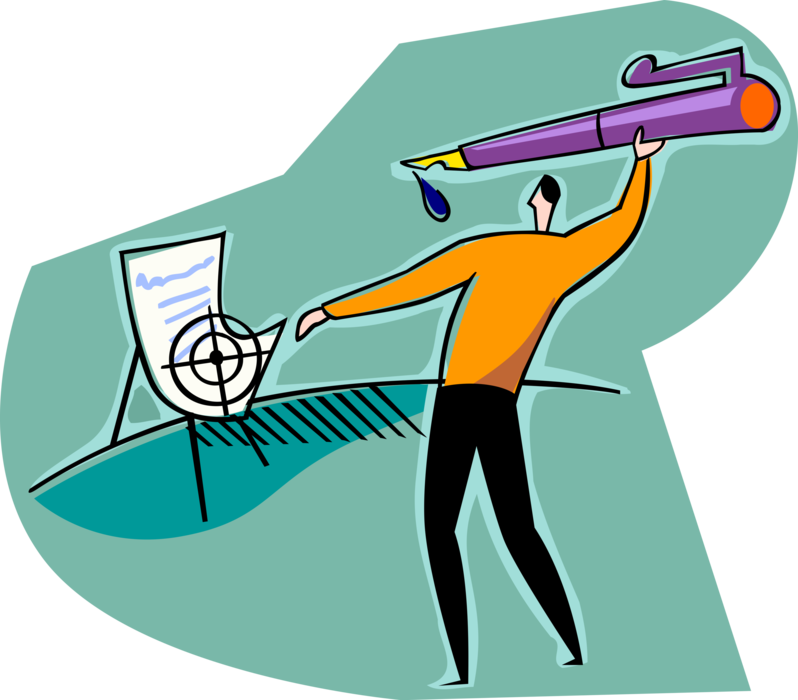 Vector Illustration of Businessman Throwing Fountain Pen at Document Target
