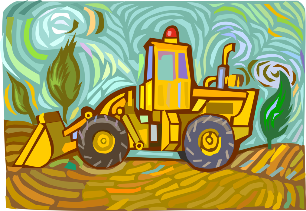Vector Illustration of Construction Industry Heavy Machinery Equipment Excavator Front End Loader