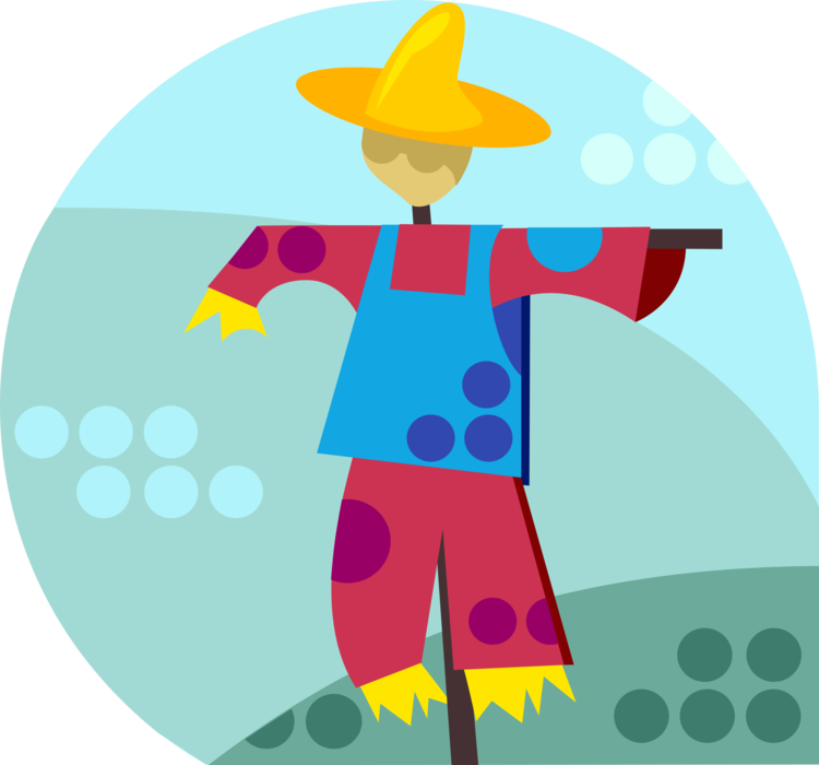 Vector Illustration of Scarecrow Decoy on Farm to Frighten Crows or Birds Away from Crops