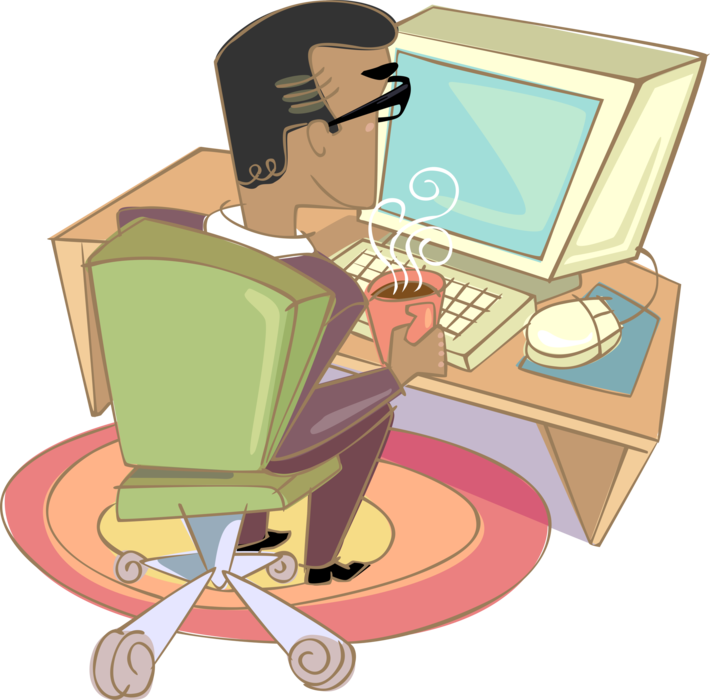 Vector Illustration of Businessman Working at Desktop Computer Drinking Coffee