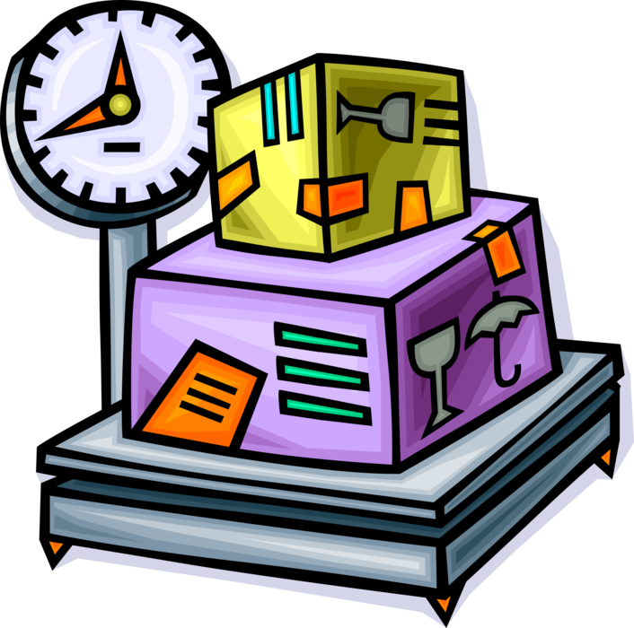 Vector Illustration of Weigh Scale with Shipment Shipping Crates, Boxes, Packages for Delivery