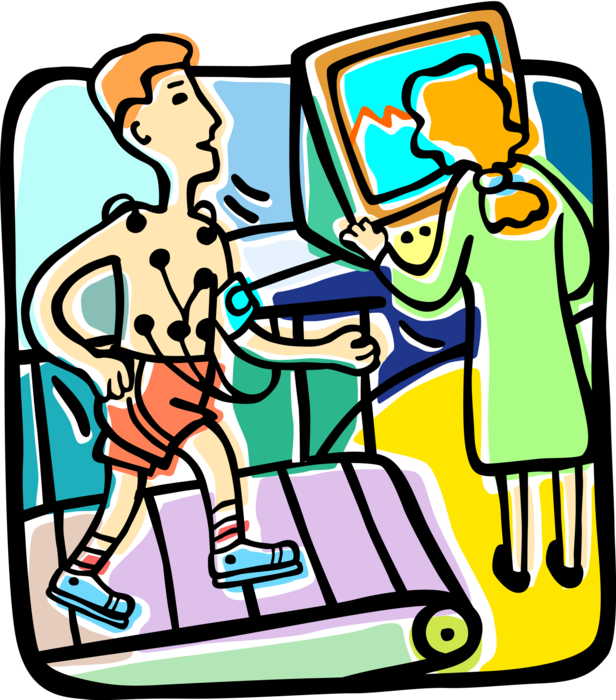 Vector Illustration of Patient Running on Stress Test Treadmill with Technician Monitoring