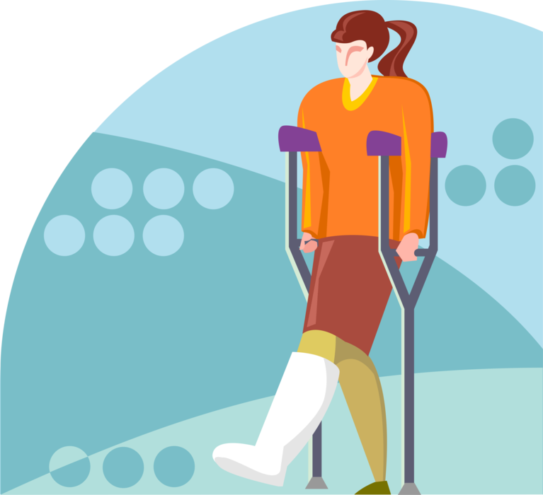 Vector Illustration of Female Accident Victim with Broken Leg in Cast on Crutches
