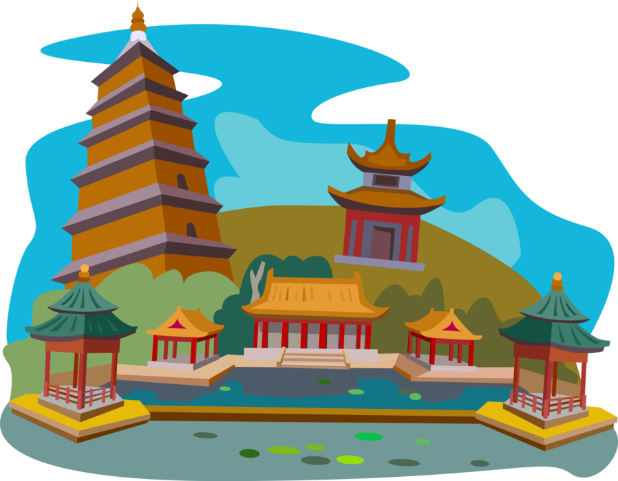 Vector Illustration of China, Shaanxi Province, Wild Goose Pagoda, Xian Forest of Stone Steles