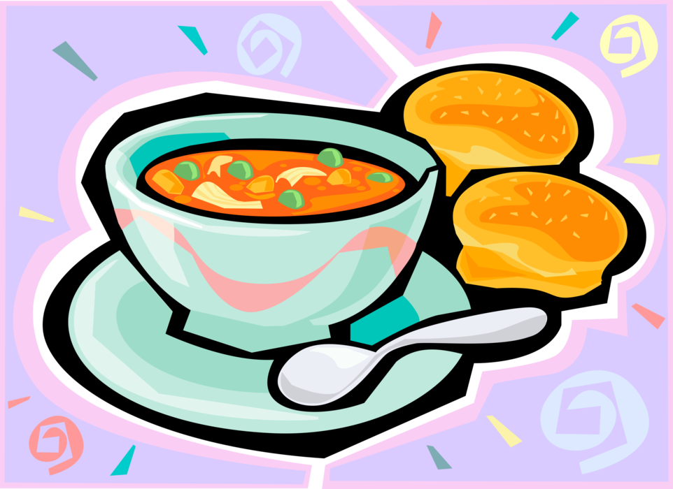 Vector Illustration of Lunch Bowl of Vegetable Soup with Bakery Bread Buns