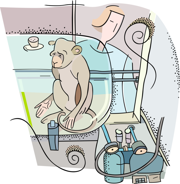 Vector Illustration of Animal Testing Research and Experimentation with Chimpanzee and Scientist Conducting Experiment