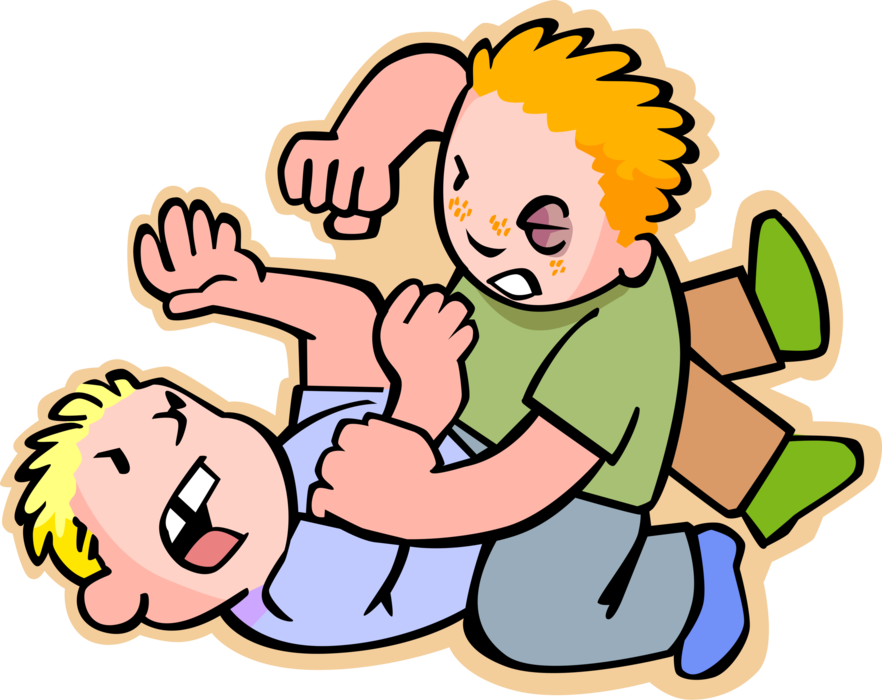 Vector Illustration of Primary or Elementary School Student Kids Fighting in Schoolyard