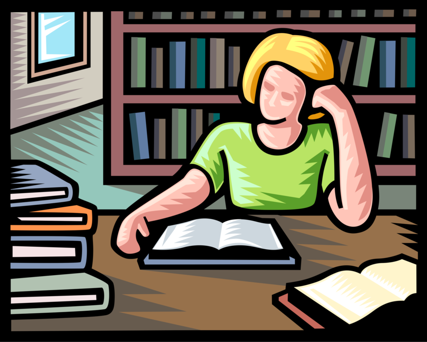 Vector Illustration of Student Studying in School Library with Textbook Book