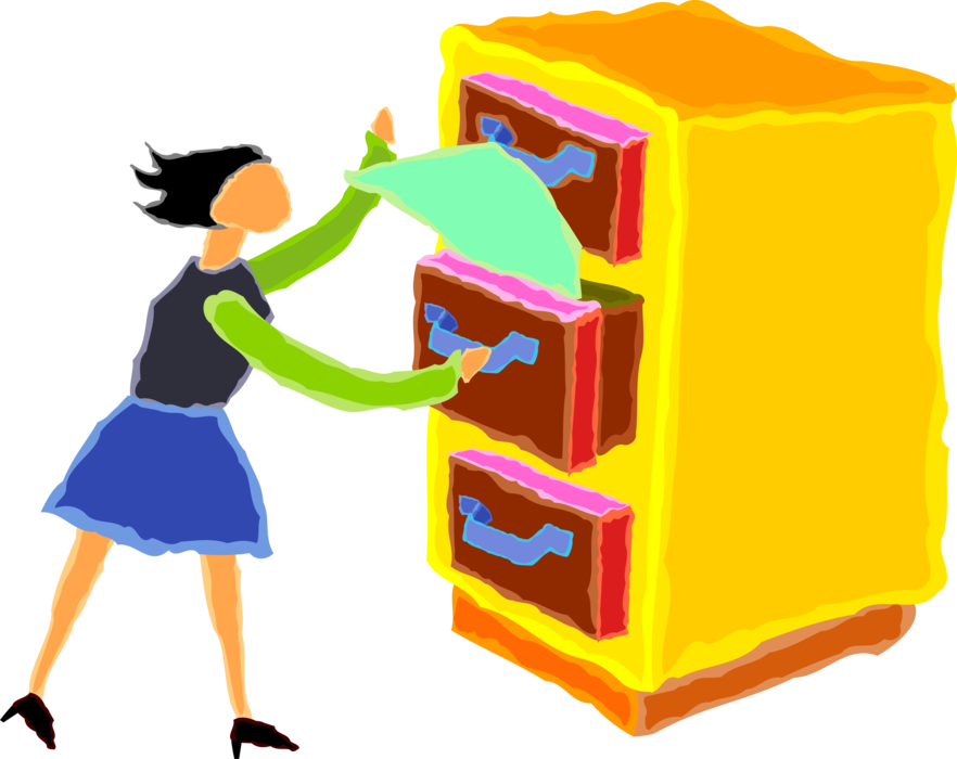 Vector Illustration of Woman Files Documents in Filing Cabinet Office Furniture