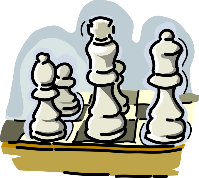 Vector Illustration of Game of Chess Bishop, Queen, King and Pawn Pieces on Chessboard