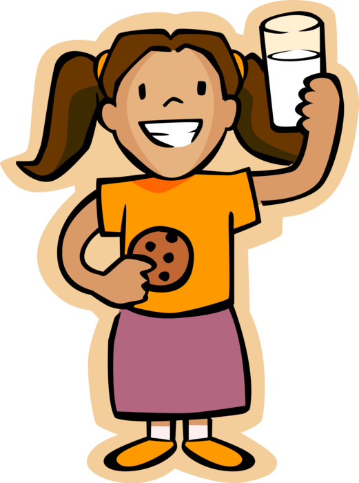 Vector Illustration of Primary or Elementary School Student Girl with Milk and Cookie Snack