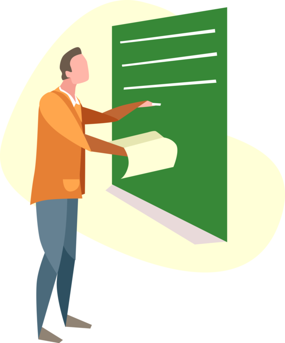 Vector Illustration of School, College, or University Professor Teacher Teaches in Classroom with Blackboard