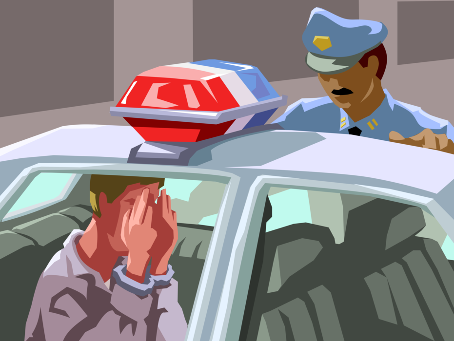Vector Illustration of Law Enforcement Police Officer Puts Handcuffed Robbery Suspect in Squad Car