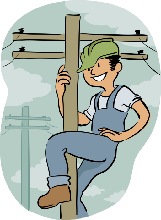 Vector Illustration of Electrician Lineman Repairs Damaged Electricity Power Line