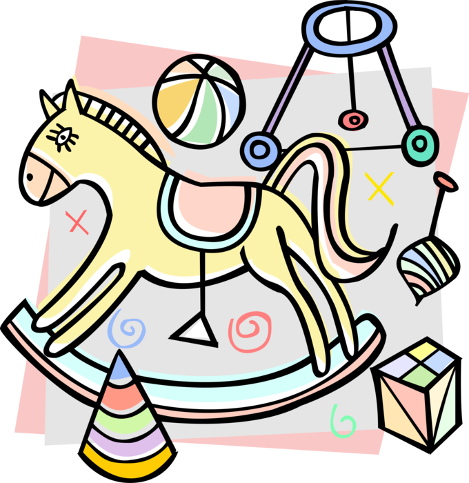 Vector Illustration of Child's Rocking Horse with Play Toys