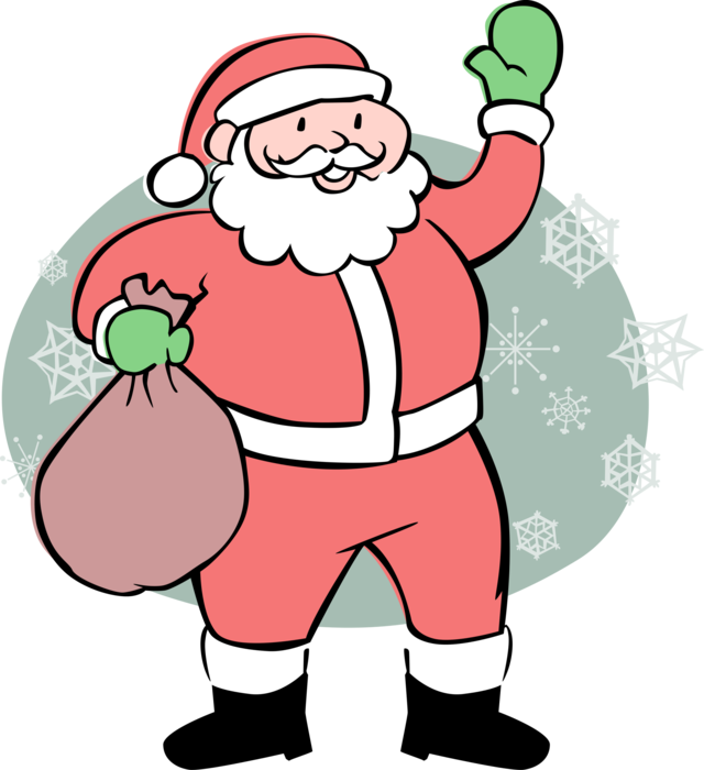Vector Illustration of Santa Claus Waves with Bag Full of Gifts and Toys for Christmas