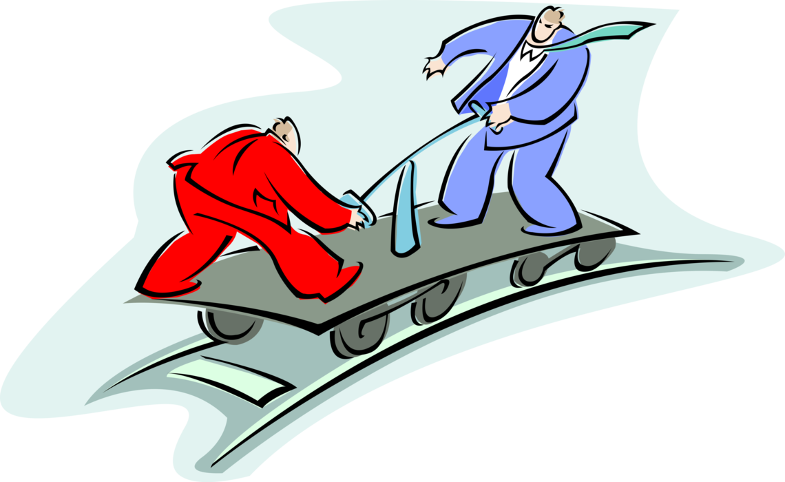 Vector Illustration of Businessmen Operate Railroad Handcar on Railway Tracks