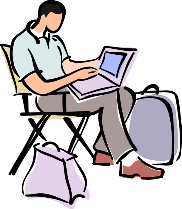 Vector Illustration of Business Traveler with Notebook Computer and Travel Luggage Suitcase