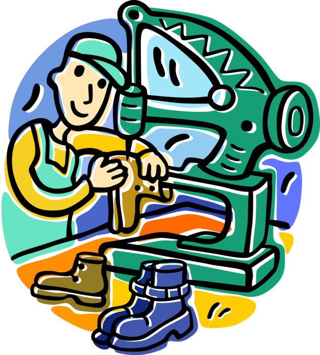 Vector Illustration of Cobbler Shoemaker Makes Footwear Shoe Repairs with Sewing Machine