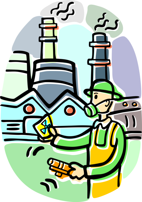 Vector Illustration of Environmentalist with Geiger Counter Detects Radioactivity at Nuclear Generating Power Facility