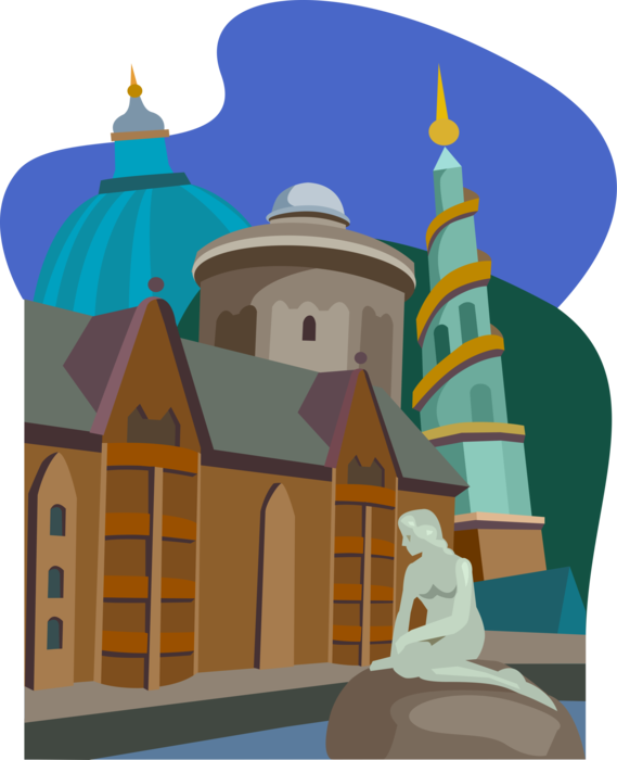 Vector Illustration of Borsen and Christiansborg Palace, Copenhagen, Denmark