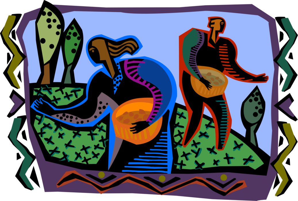 Vector Illustration of Farm Workers Picking Fruit Crop with Baskets