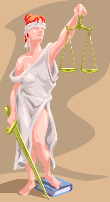 Vector Illustration of Lady Justice Blindfolded Holding Balance Scales and Sword Moral Force in Judicial Systems