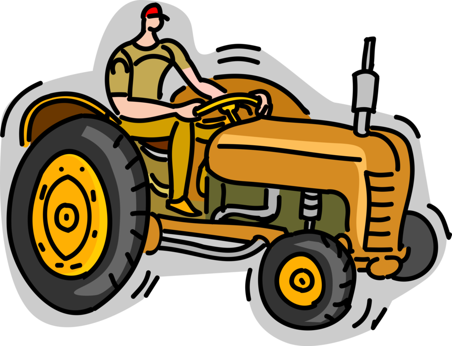 Vector Illustration of Farming Equipment Tractor with Farmer Driving on Farm