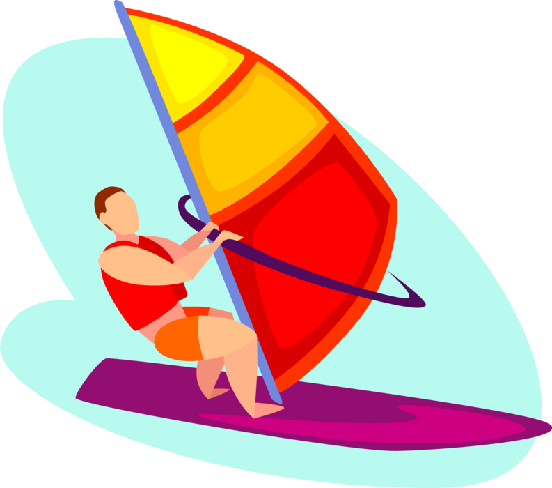 Vector Illustration of Windsurfing Windsurfer Powered by Wind on Sailboard