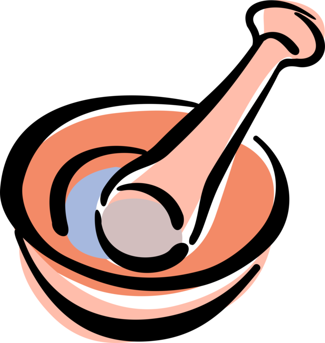 Vector Illustration of Mortar and Pestle Prepare Ingredients by Crushing and Grinding into Powder or Paste