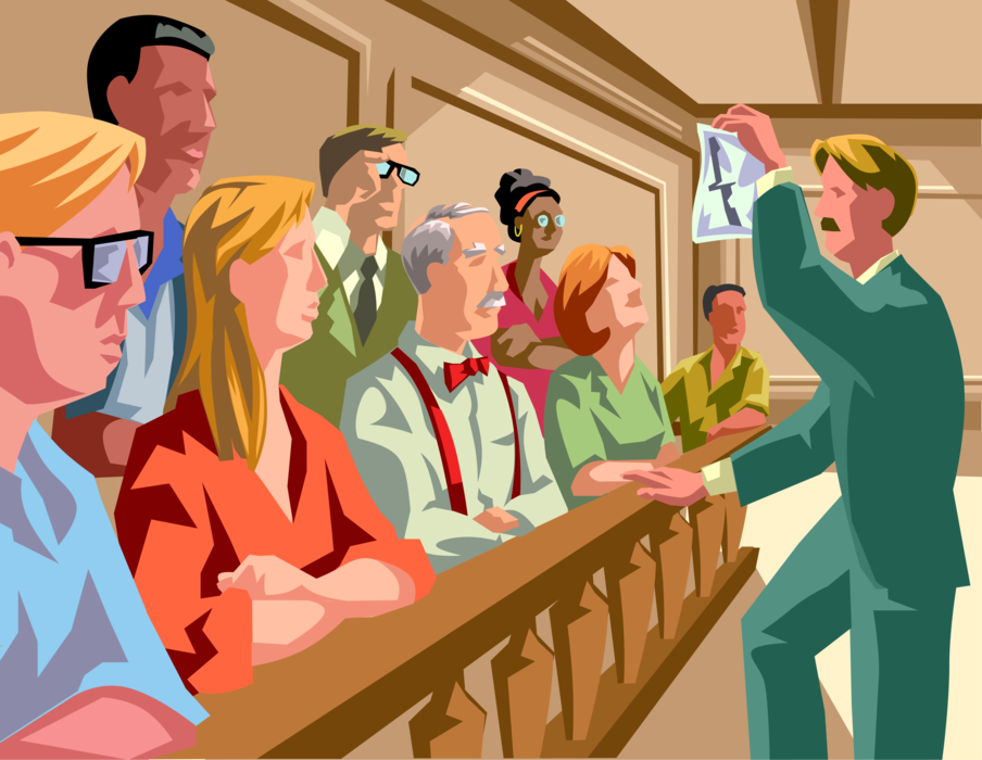 Vector Illustration of District Attorney Lawyer Presents Photographic Evidence to Courtroom Jury