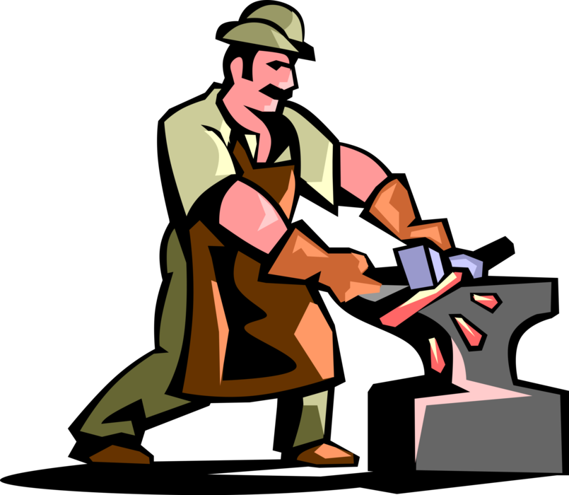 Vector Illustration of Metalsmith Craftsman Blacksmith Hammers Wrought Iron by Forging Metal