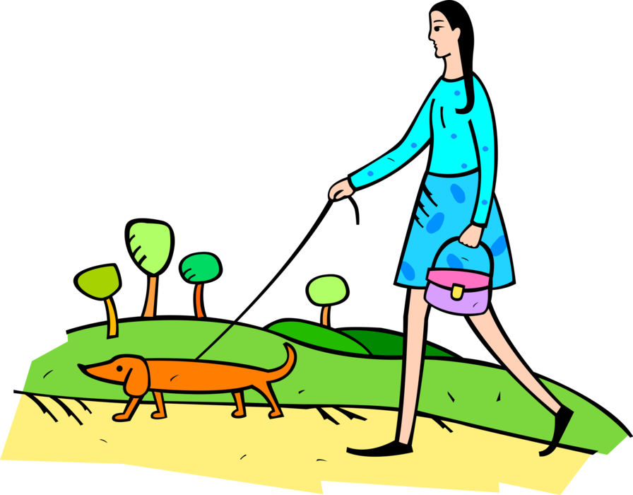 Vector Illustration of Woman Walks Family Pet Dog