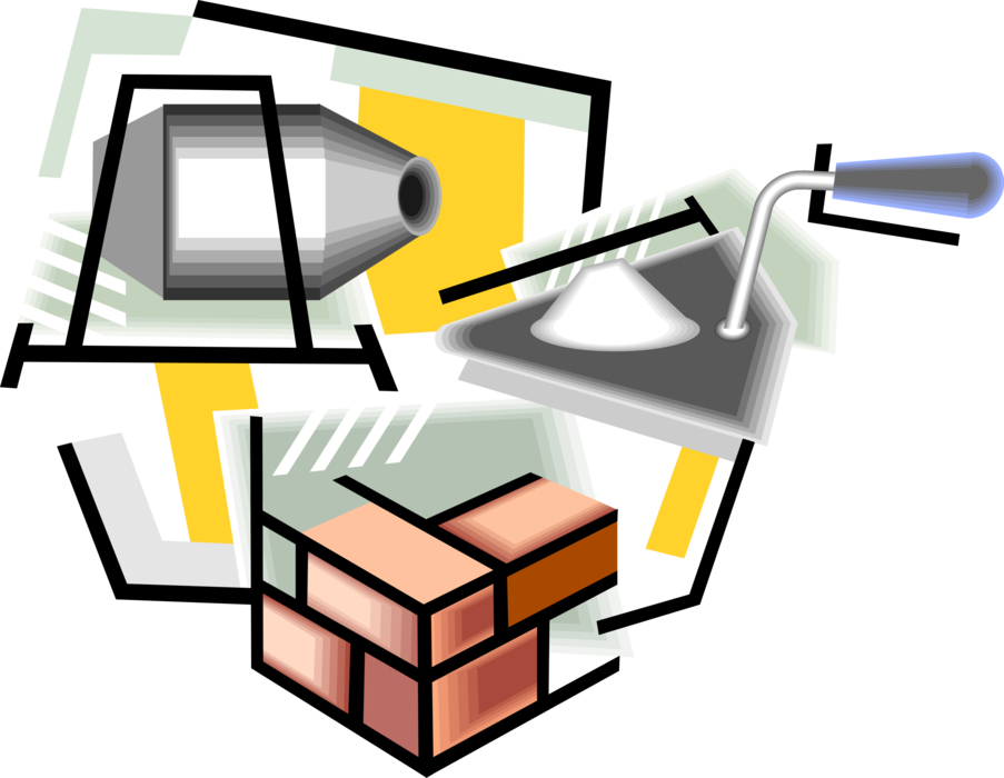 Vector Illustration of Mason Bricklayer's Tools with Masonry Bricks and Cement Trowel