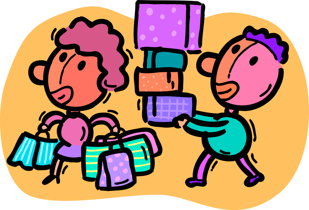 Vector Illustration of Retail Therapy Shoppers Shopping with Merchandise Purchases