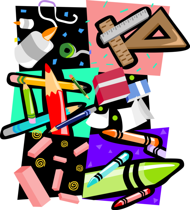 Vector Illustration of Arts and Crafts Pencils, Glue, Crayons and Rulers