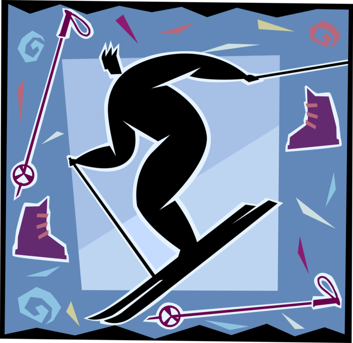 Vector Illustration of Alpine Downhill Skiing with Skier Racing Down Hill on Skis