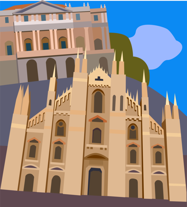 Vector Illustration of The Duomo, Milan, Italy, with La Scala Opera House