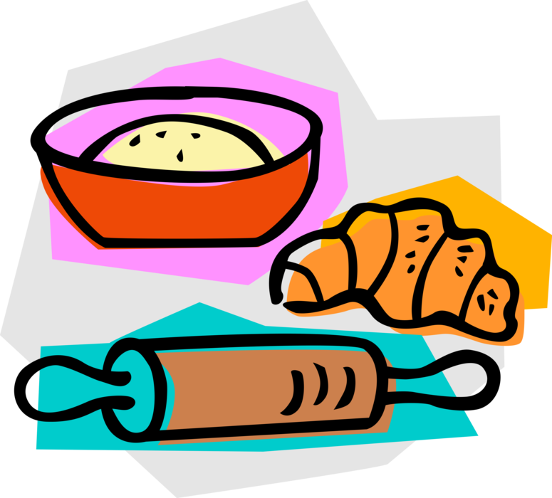 Vector Illustration of Rolling Pin with Flour Dough and Viennoiserie-Pastry Croissant