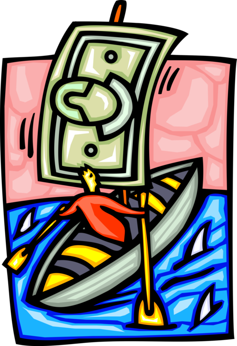 Vector Illustration of Businessman Rowing Boat with Cash Money Dollar Bill Sail in Shark Infested Waters