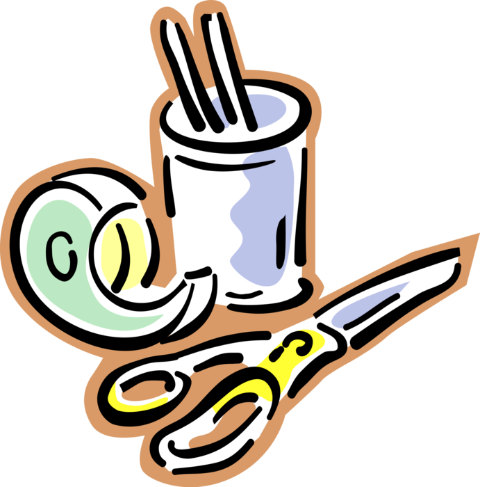 Vector Illustration of Scissors, Adhesive Tape and Pencil Writing Instruments