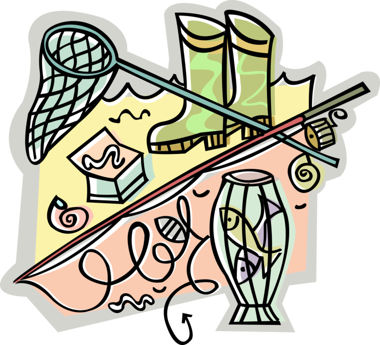 Vector Illustration of Sport Fisherman Angler's Fishing Rod, Net, Wading Boots and Worm Bait