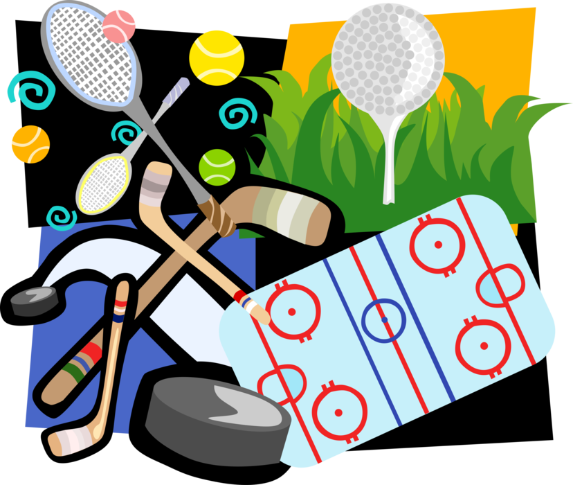 Vector Illustration of Athletic Sports Ice Hockey Puck, Hockey Sticks, Racket Sports and Golf
