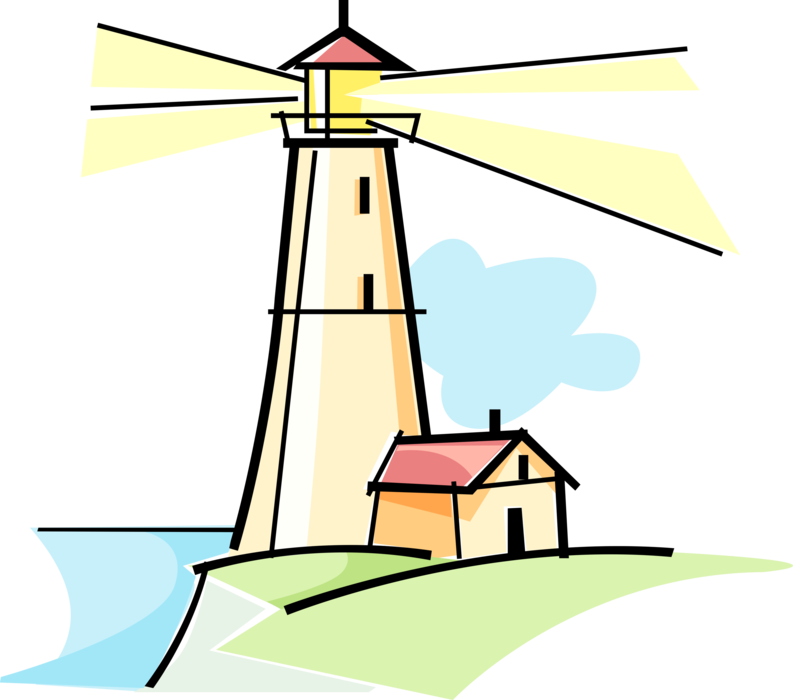 Vector Illustration of Lighthouse Beacon Emits Light as Navigational Aid for Maritime Vessels